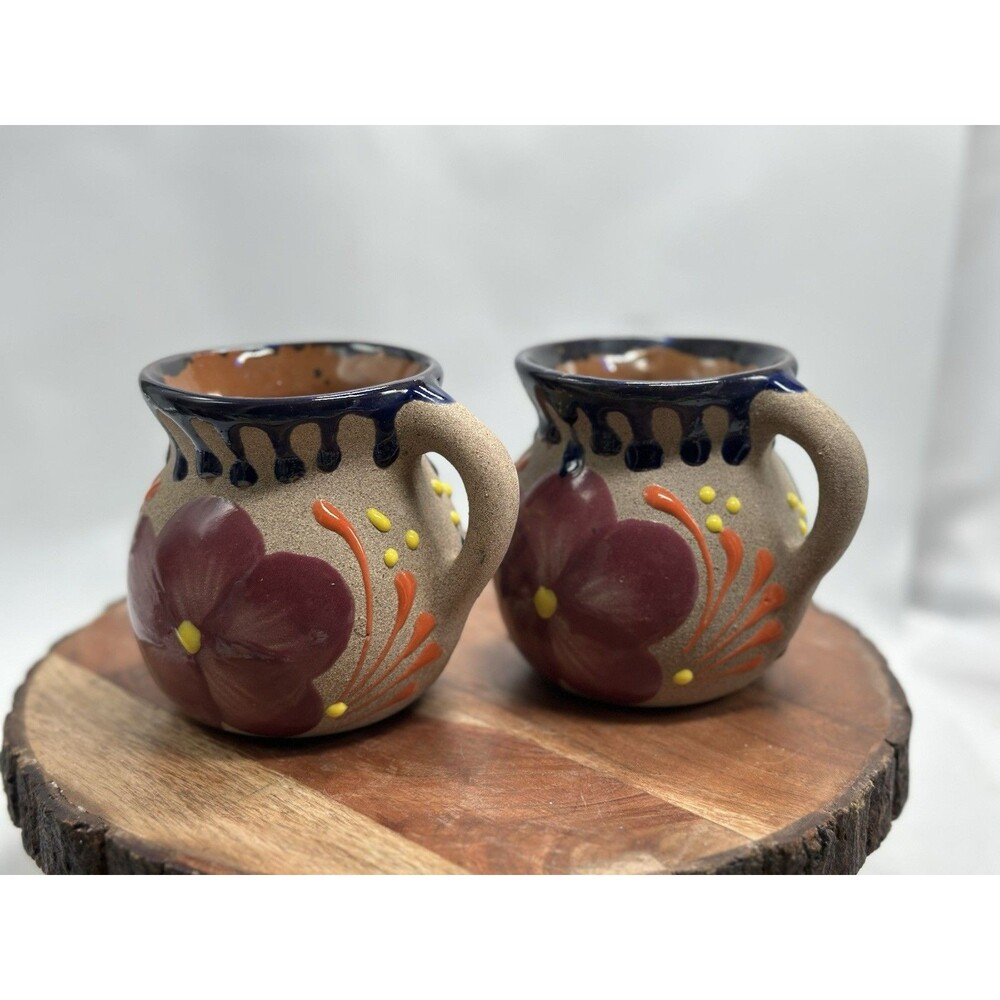 Redware Mexican Clay Pot Bellied Coffee Mugs Vibrant Colors! - Set of two